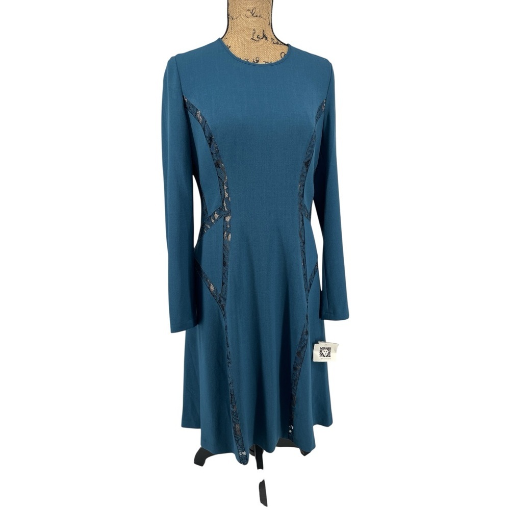 ANNE KLEIN A Line Juniper Green Long Sleeve‎ Dress Sz 10 Mature Wedding Guest